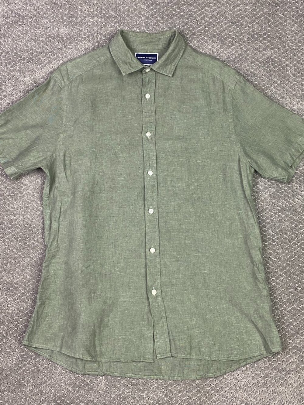 Charles Tyrwhitt Linen Shirt Mens Medium Olive Linen Short Sleeve Button Up Down